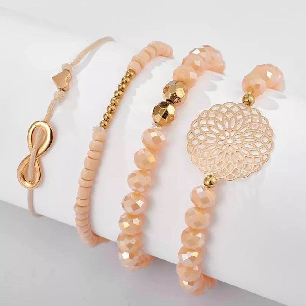 Free People Sweet Peach Gold Stacked Beaded Bracelets Set 4 Dainty Mandala Boho